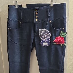 Blue Rope Denim Co Navy Denim Jeggings with Red Rose Patch Size 20